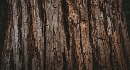 Obraz premium Deeply textured tree bark, rich brown tones, vertical grooves, and subtle cracks showing age and weathering