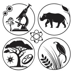 Scientific and Wildlife Icons Microscope Rhinoceros Tree and Eagle.