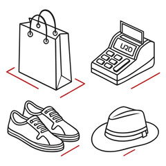 Shopping Bag Cash Register Sneakers and Hat Icons.