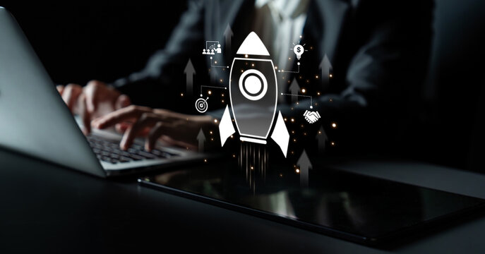 Startup launch and business growth concept, rocket symbolism, entrepreneurship, startup innovation, and early-stage success strategies for new business development and expansion. Spline