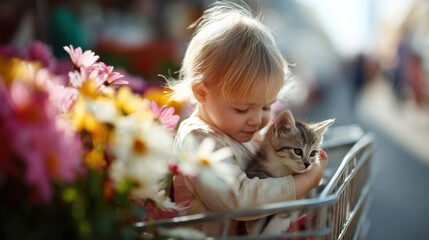 joyful toddler gently rocks fluffy kitten in stroller surrounded by explosion of ultrabright spring flowers