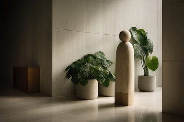 minimalist interior featuring wooden figure of mary complemented by green plants and serene decor
