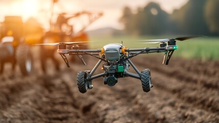 Drone flying over plowed field at sunset with tractor in background