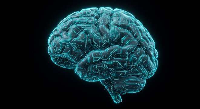 Digital brain with glowing circuitry, representing artificial intelligence concept - Powered by Adobe