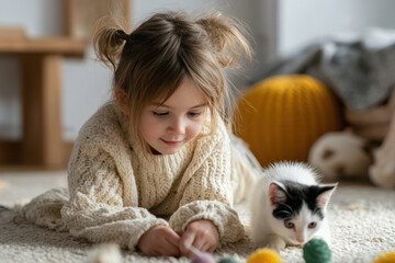 child and kitten share joyful moment cuddled together on cozy rug as they enjoy cartoons