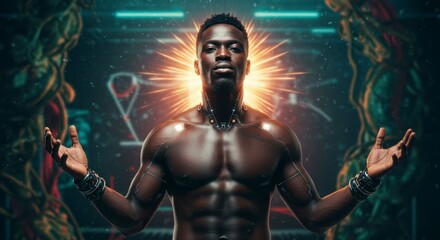 Powerful dark-skinned man with strong physique, radiating light