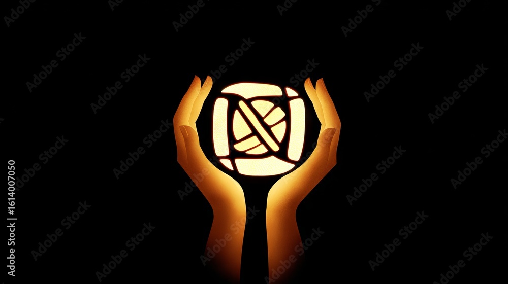 Poster hands gently cradling a glowing orb with intricate patterns, symbolizing warmth and protection, set 