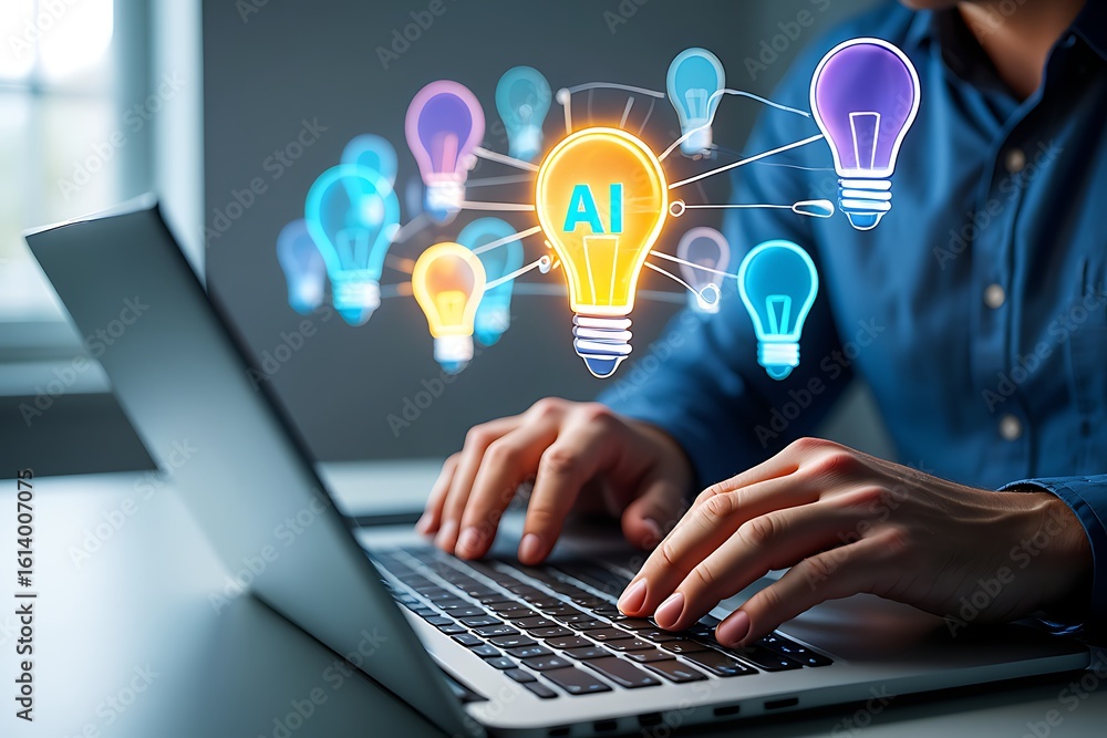 Poster person using a laptop with glowing ai powered lightbulbs symbolizing innovation and creative ideas e