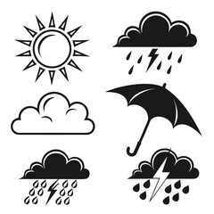Weather Icons Sun Clouds Rain Lightning and Umbrella.