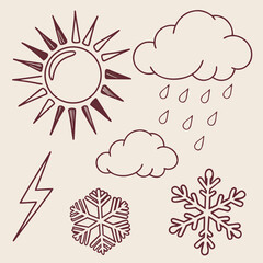 Weather Icons Sun Clouds Rain Lightning Snowflakes.