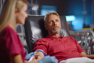 Middle aged Caucasian man sitting in medical chair donating blood, while female healthcare worker preparing arm for blood draw in clinical setting with medical equipment visible