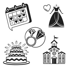 Wedding Icons Calendar Dress Ring Cake and Church.