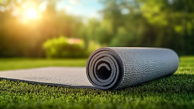 Rolled yoga mat lying on green grass in a garden at sunset