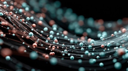 Abstract, swirling,  teal and coral spheres on black background