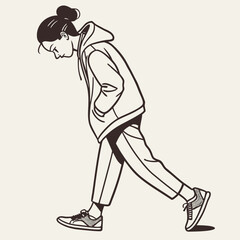 Young Woman Walking with Head Down.