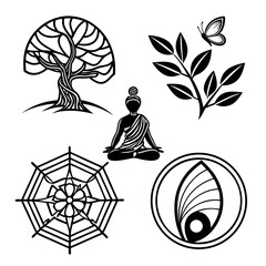 Zen Buddhist Symbols Tree Meditation Butterfly Dharma Wheel Lotus.