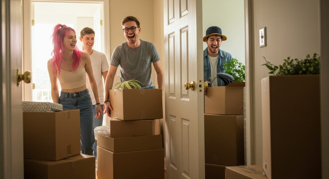 Excited friends moving into a new home with cardboard boxes and sharing joyful laughter - Powered by Adobe