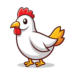 A charming cartoon illustration of a plump white hen with a bright red comb and wattle standing proudly on a white background