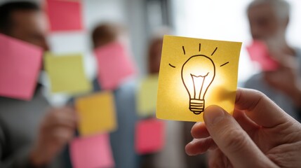 Collaborative Brainstorm Session: Team Members Generating Innovative Ideas with Sticky Notes and Bright Light Bulb Inspiration