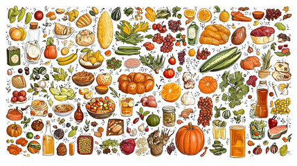 Diverse array of food items, hand-drawn style, featuring various fruits, vegetables, grains, meats, and beverages.  Detailed illustrations of different types of produce and cooked foods