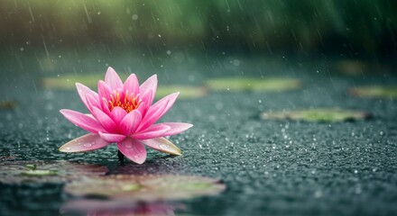 Pink lotus flower in a rainy pond