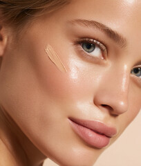 Beautiful woman with skin foundation on her face	