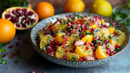 Vibrant citrus and pomegranate salad.  Fresh segments of orange and clementine,  topped with pomegranate seeds and fresh herbs.  A healthy and flavorful dish