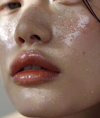 Beautiful and fresh natural Asian woman with dewy wet skin
