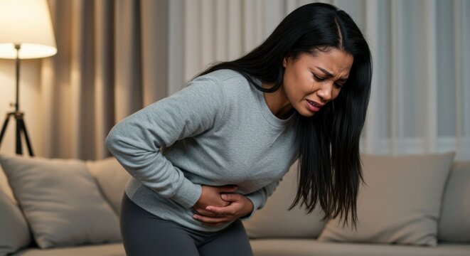 Woman experiencing severe abdominal pain, clutching her stomach, showing signs of discomfort and distress in a dimly lit room