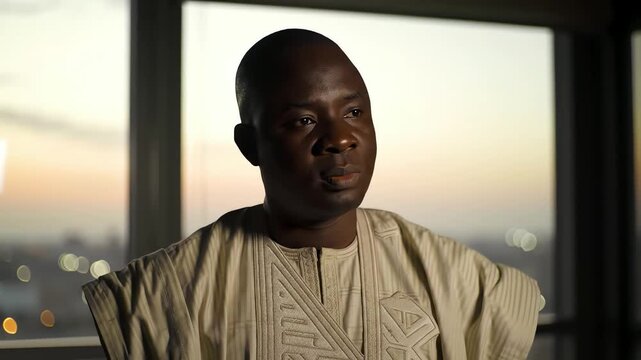 A thoughtful African man in traditional embroidered clothing sitting in a modern room with a city view at sunset