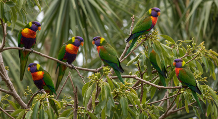 Colorful Rainbow Lorikeets Perched on Tropical Tree Branches