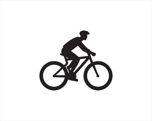 Bicyclist icon, simple black silhouette of person riding a bike on white background