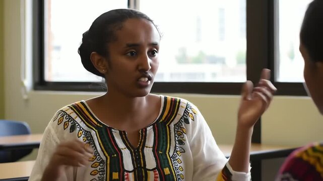 Young East African woman in traditional embroidered clothing passionately speaking during a discussion in a classroom