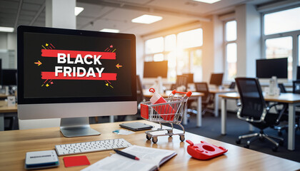 Black Friday sale displayed on computer screen in modern office  