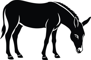 Mule eating grass, grazing animal silhouette, farm livestock line art, rural scene vector, minimal nature illustration