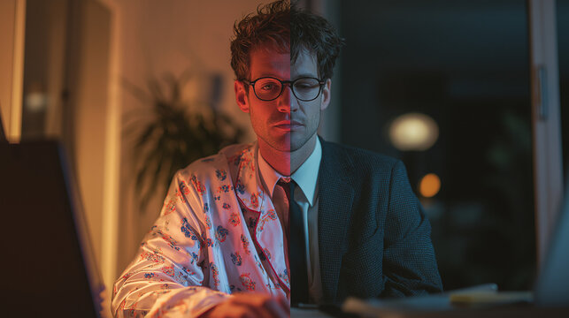Conceptual image of a tired businessman split between a suit and pajamas, working late at home and symbolizing work-life imbalance and hybrid work stress. - Powered by Adobe