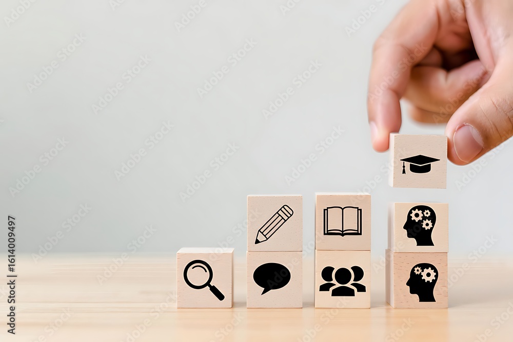 Poster hand stacking wooden blocks with education and business icons symbolizing learning growth and develo