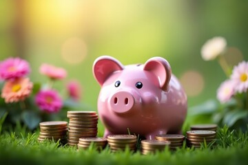 Whimsical Savings: A Pink Piggy Bank in a Blooming Coin Garden.