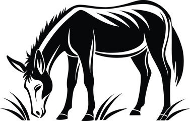 Mule eating grass, grazing animal silhouette, farm livestock line art, rural scene vector, minimal nature illustration