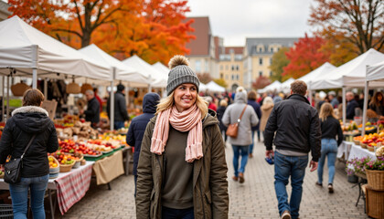 Young woman smiling while walking through autumn farmers market
