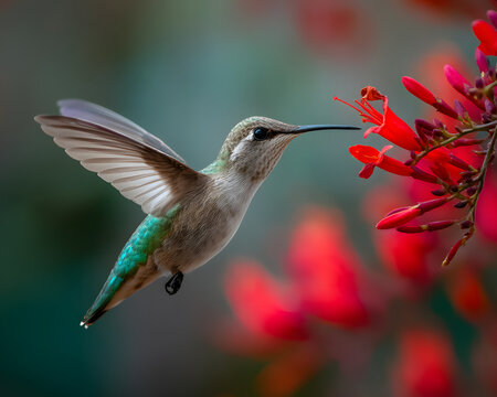 A hummingbird hovering near a cluster of vibrant red flowers with a soft blurred background scene visible - Powered by Adobe