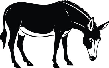 Mule eating grass, grazing animal silhouette, farm livestock line art, rural scene vector, minimal nature illustration
