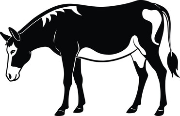 Mule eating grass, grazing animal silhouette, farm livestock line art, rural scene vector, minimal nature illustration