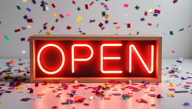 Neon open sign illuminated with colorful confetti on white background   - Powered by Adobe