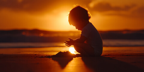 Sunset Beach Play: A child is lost in the joy of playing on the beach, bathed in the warm glow of the setting sun. A moment of pure, unadulterated childhood wonder.