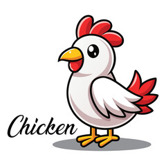 Adorable cartoon chicken with bright eyes and a red comb standing proudly on its yellow feet perfect for farm animal illustrations and children s content