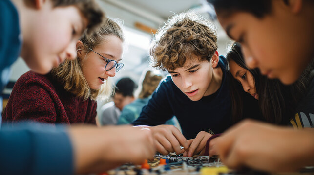 Diverse team of brilliant teenage students working together in a technology class, building and programming a robotic device.