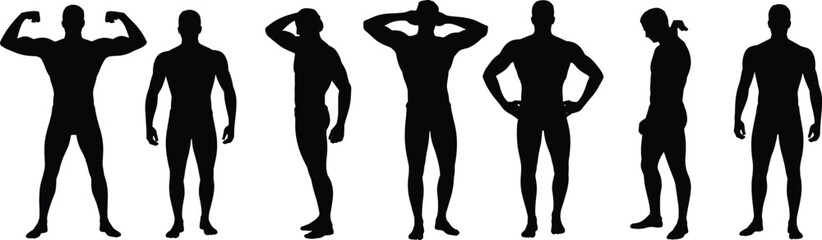 Silhouettes of muscular male bodybuilders posing in various stances, fitness strength training concept, gym workout male figure illustration