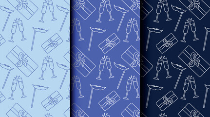 Set of seamless outline patterns for birthday and party themes in blue monochrome. Perfect for wrapping paper, invitations, cards, and festive packaging