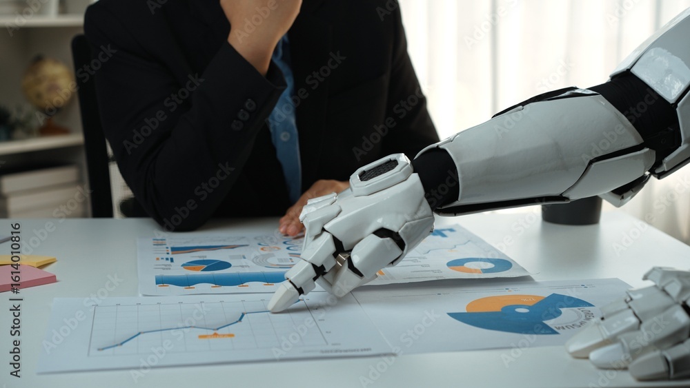 Poster a dynamic scene showcasing a human and a robot collaborating on business data analysis. the robot po
